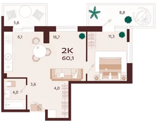 Планировка 2-комн. квартира, 60.1 м² ЖК «Роялта»