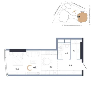 Планировка Студия, 41.1 м² ЖК «АУРУС Резиденции»