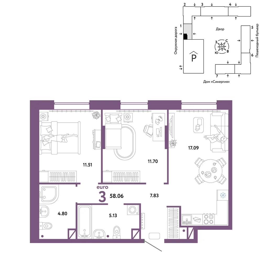 Планировка 3-комн. квартира, 58.06 м² ЖК «Юнион»