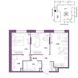 Планировка 3-комн. квартира, 58.06 м² ЖК «Юнион»