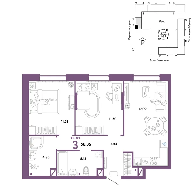 Планировка 3-комн. квартира, 58.06 м² ЖК «Юнион» Планировка 3-комн. квартира, 58.06 м² ЖК «Юнион»
