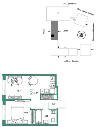 Планировка 2-комн. квартира, 36.27 м² ЖК «Сердце Сибири»