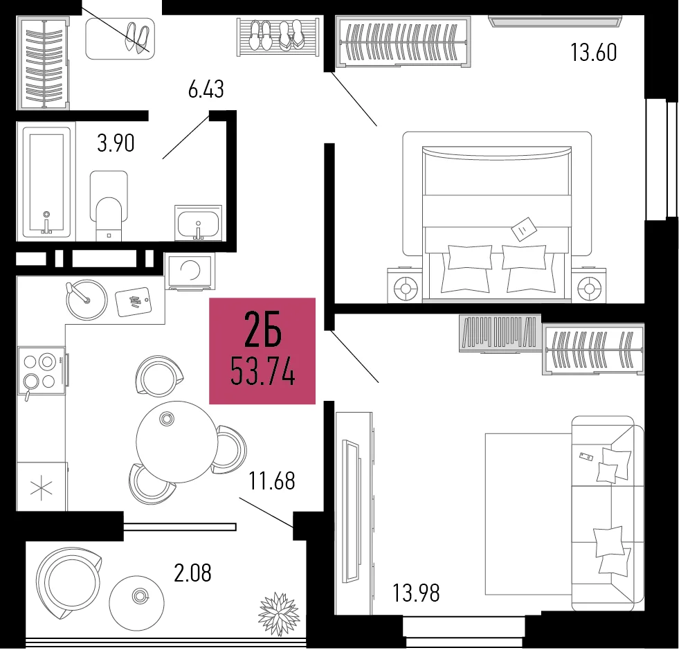 Планировка 2-комн. квартира, 53.74 м² ЖК «Столицыно»