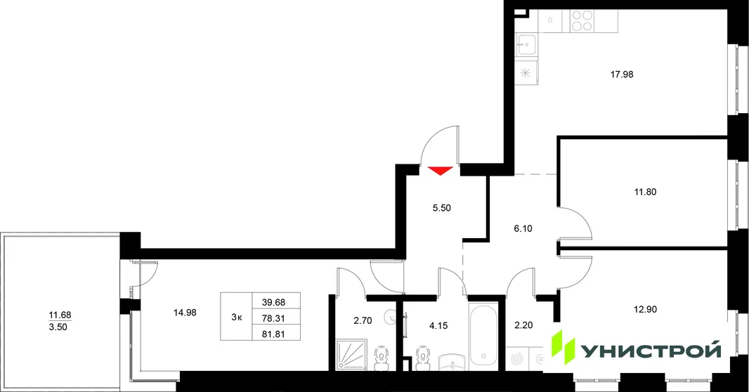 Планировка 3-комн. квартира, 81.81 м² ЖК «Уникод на Технической»