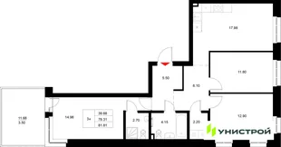 Планировка 3-комн. квартира, 81.81 м² ЖК «Уникод на Технической»