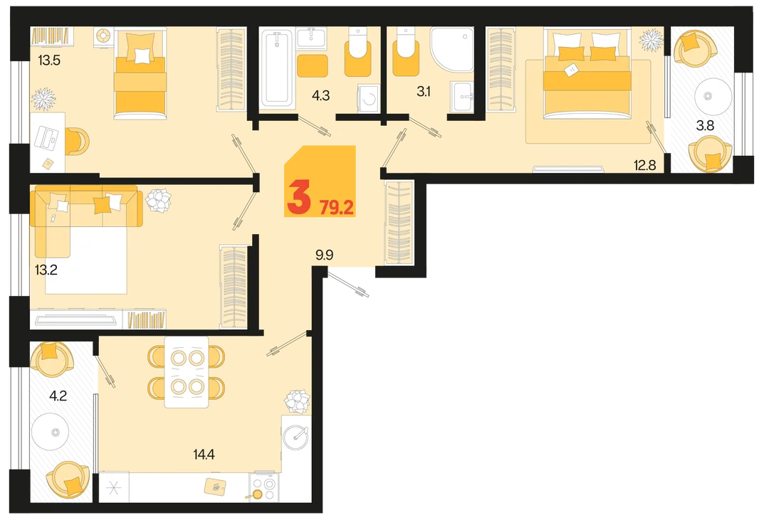 Планировка 3-комн. квартира, 79.2 м² ЖК «Первое место»
