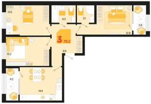 Планировка 3-комн. квартира, 79.2 м² ЖК «Первое место»