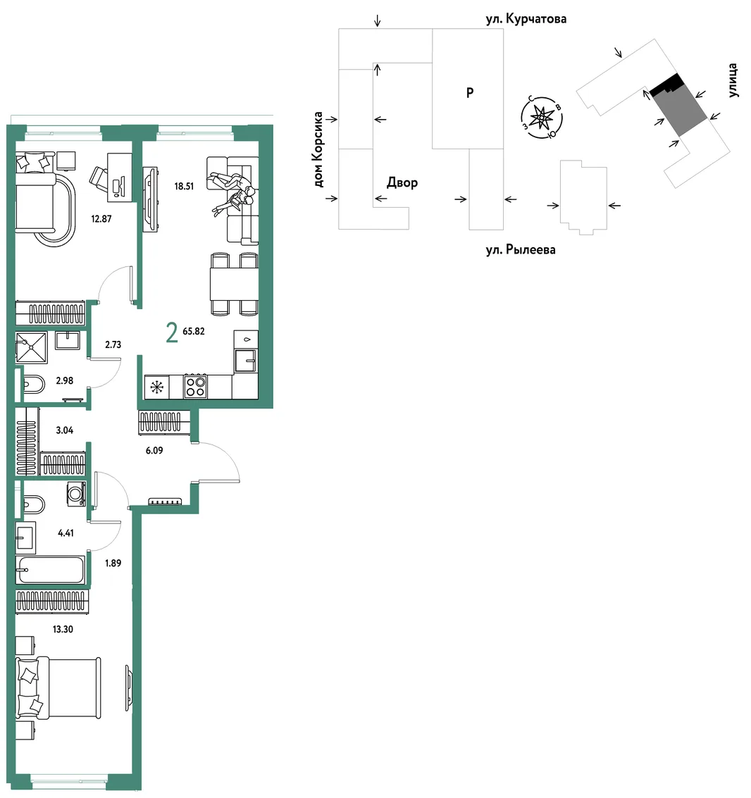 Планировка 2-комн. квартира, 66.26 м² ЖК «Остров-сад»