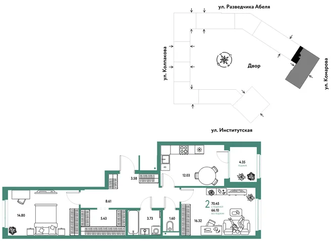 Планировка 2-комн. квартира, 70.45 м² ЖК «Страна.Парковая» Планировка 2-комн. квартира, 70.45 м² ЖК «Страна.Парковая»