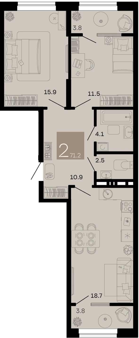 Планировка 2-комн. квартира, 71.2 м² ЖК «Хозяин морей»