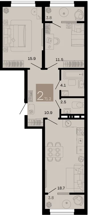 Планировка 2-комн. квартира, 71.2 м² ЖК «Хозяин морей»