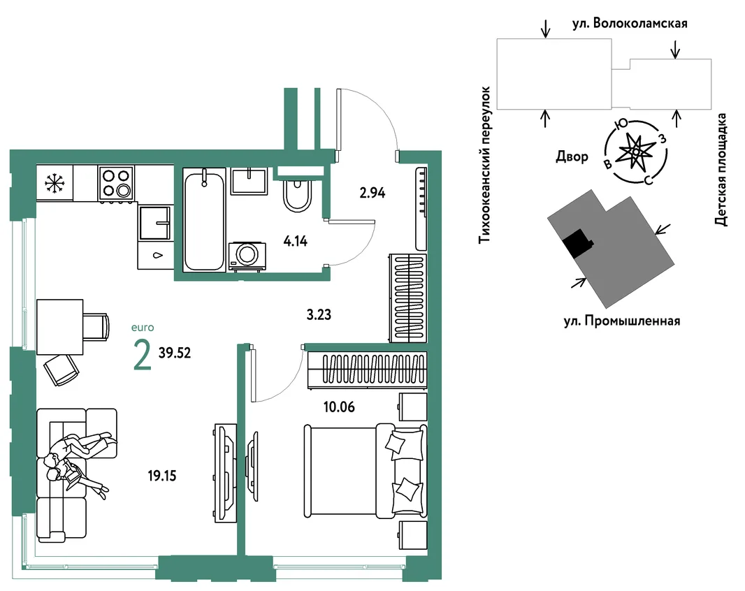 Планировка 2-комн. квартира, 39.52 м² ЖК «Страна Прибрежная»