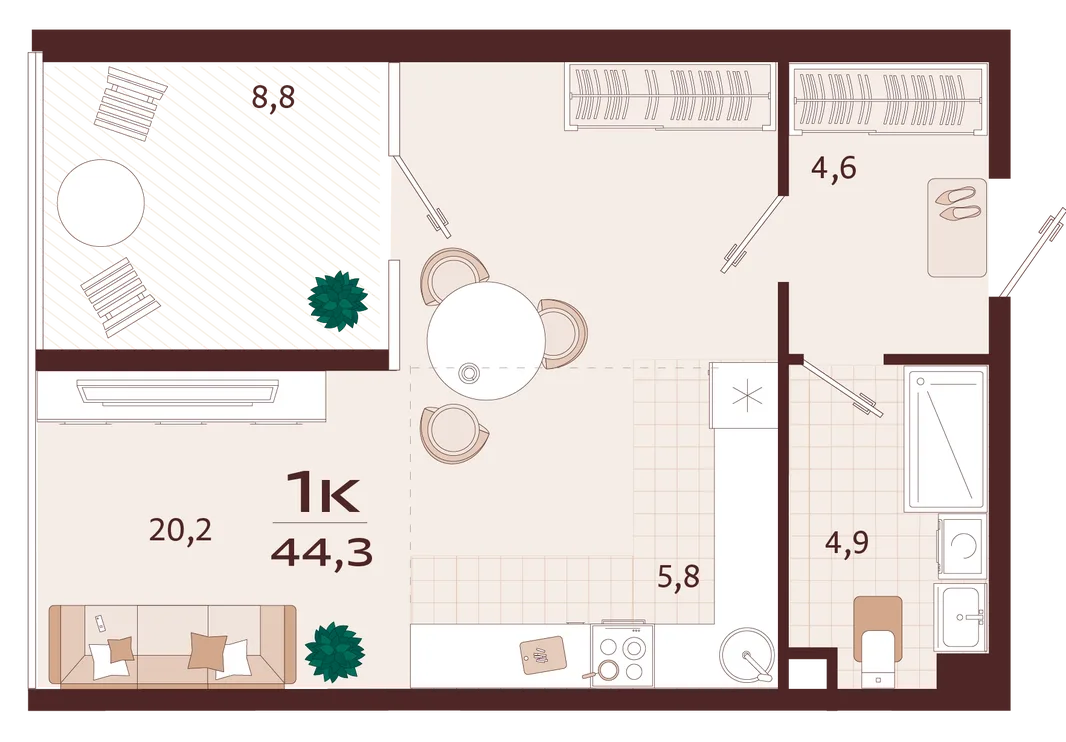 Планировка 1-комн. квартира, 44.3 м² ЖК «Роялта»