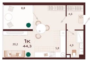 Планировка 1-комн. квартира, 44.3 м² ЖК «Роялта»