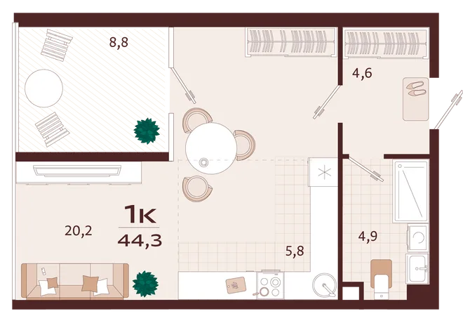 Планировка 1-комн. квартира, 44.3 м² ЖК «Роялта» Планировка 1-комн. квартира, 44.3 м² ЖК «Роялта»