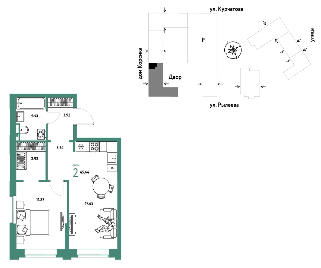 Планировка 2-комн. квартира, 45.64 м² ЖК «Остров-сад»