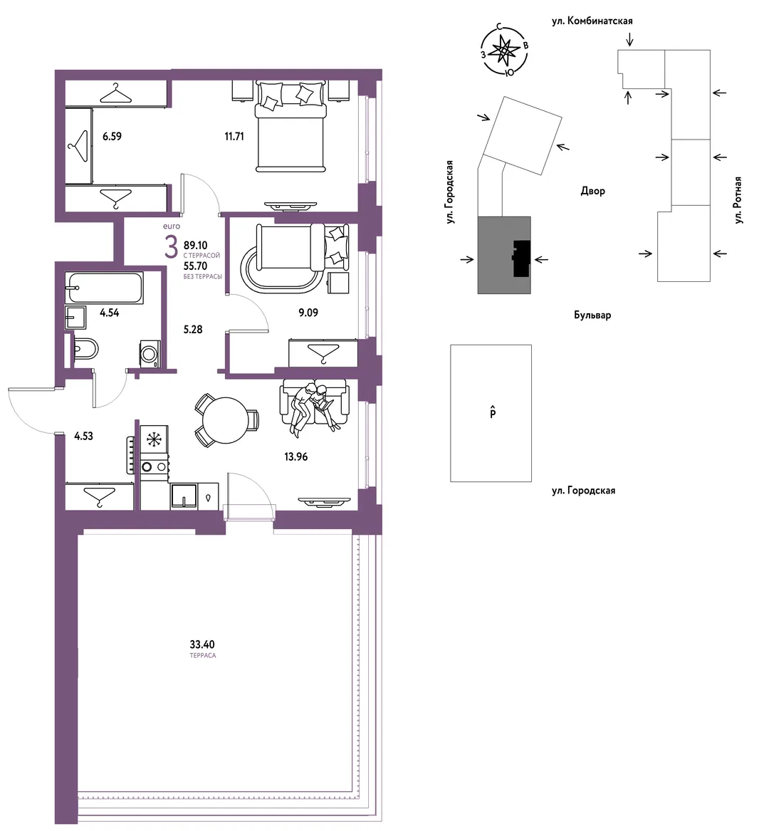 Планировка 3-комн. квартира, 89.1 м² ЖК «Уральский сад»