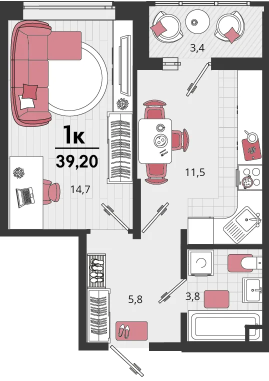 Планировка 1-комн. квартира, 39.1 м² ЖК «Родные просторы»