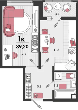 Планировка 1-комн. квартира, 39.1 м² ЖК «Родные просторы»
