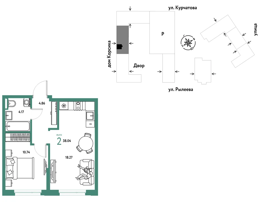 Планировка 2-комн. квартира, 38.03 м² ЖК «Остров-сад»