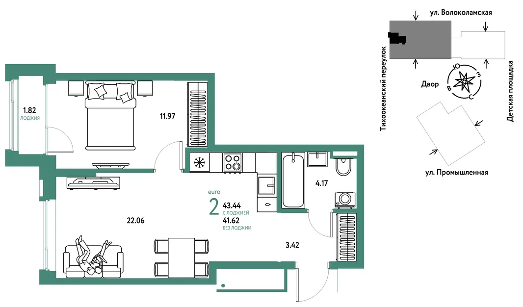 Планировка 2-комн. квартира, 43.44 м² ЖК «Страна Прибрежная»