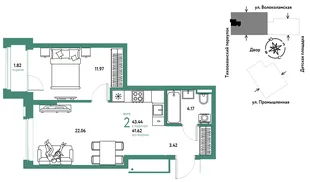 Планировка 2-комн. квартира, 43.44 м² ЖК «Страна Прибрежная»