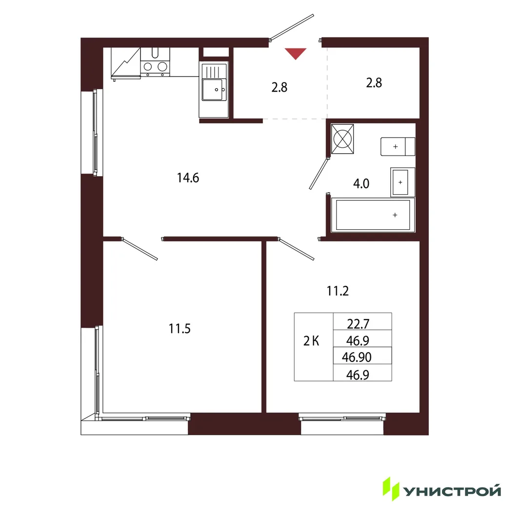 Планировка 2-комн. квартира, 46.9 м² ЖК «Лисино»