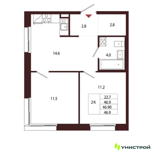 Планировка 2-комн. квартира, 46.9 м² ЖК «Лисино»