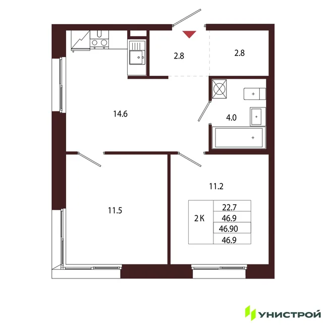 Планировка 2-комн. квартира, 46.9 м² ЖК «Лисино» Планировка 2-комн. квартира, 46.9 м² ЖК «Лисино»