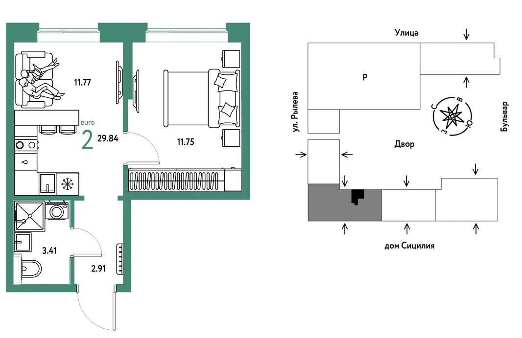 Планировка 2-комн. квартира, 29.84 м² ЖК «Остров-сад»