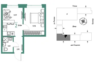 Планировка 2-комн. квартира, 29.84 м² ЖК «Остров-сад»
