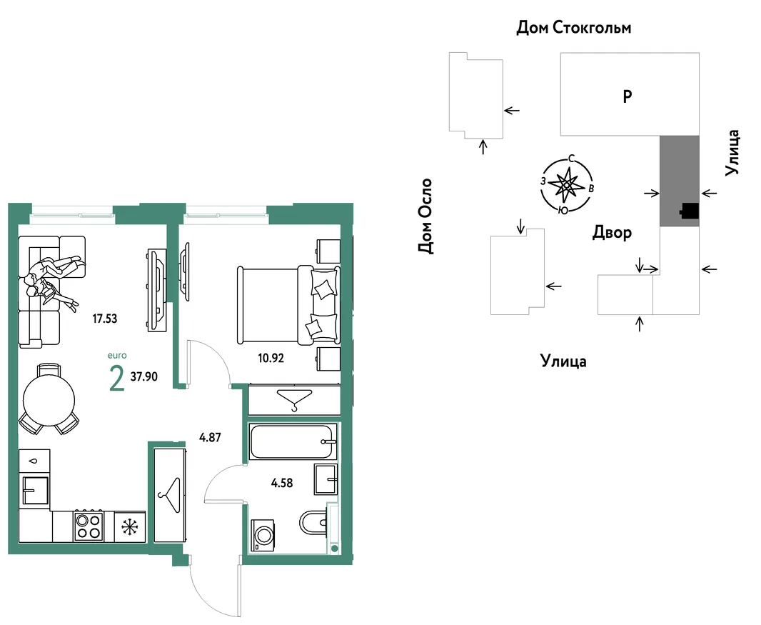 Планировка 2-комн. квартира, 37.9 м² ЖК «Европейский берег 2.0»
