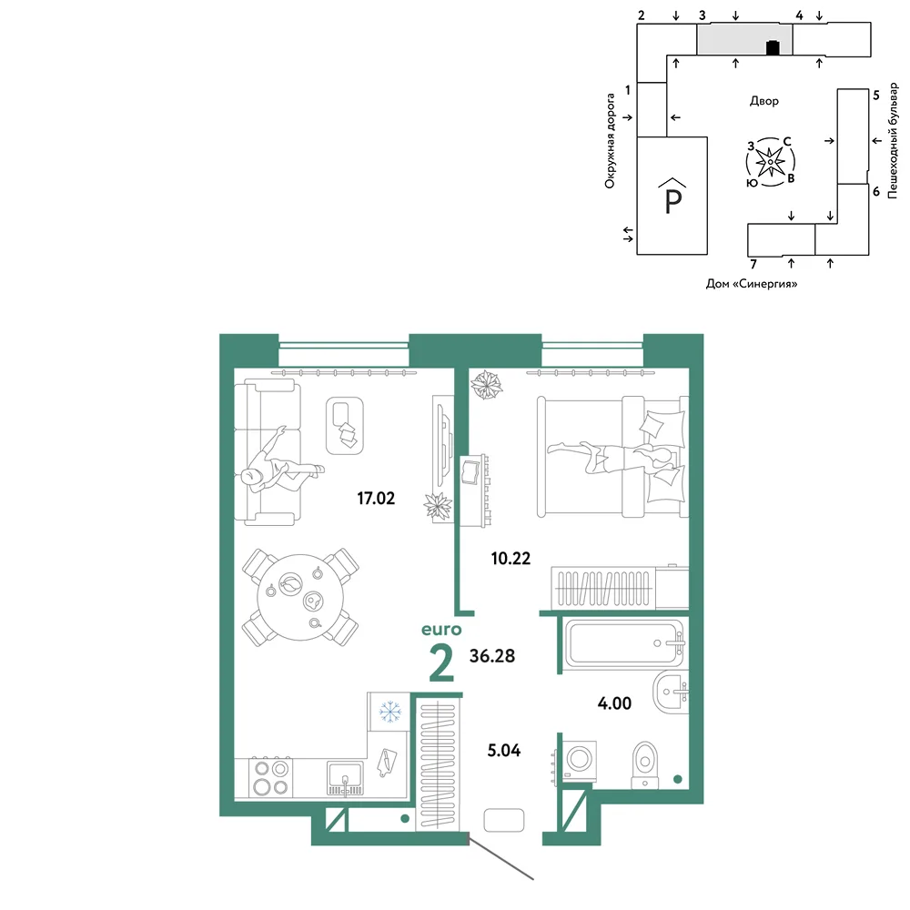Планировка 2-комн. квартира, 36.28 м² ЖК «Юнион»