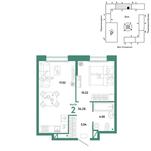 Планировка 2-комн. квартира, 36.28 м² ЖК «Юнион»