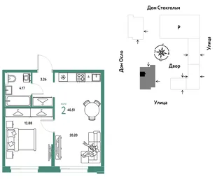 Планировка 2-комн. квартира, 40.51 м² ЖК «Европейский берег 2.0»