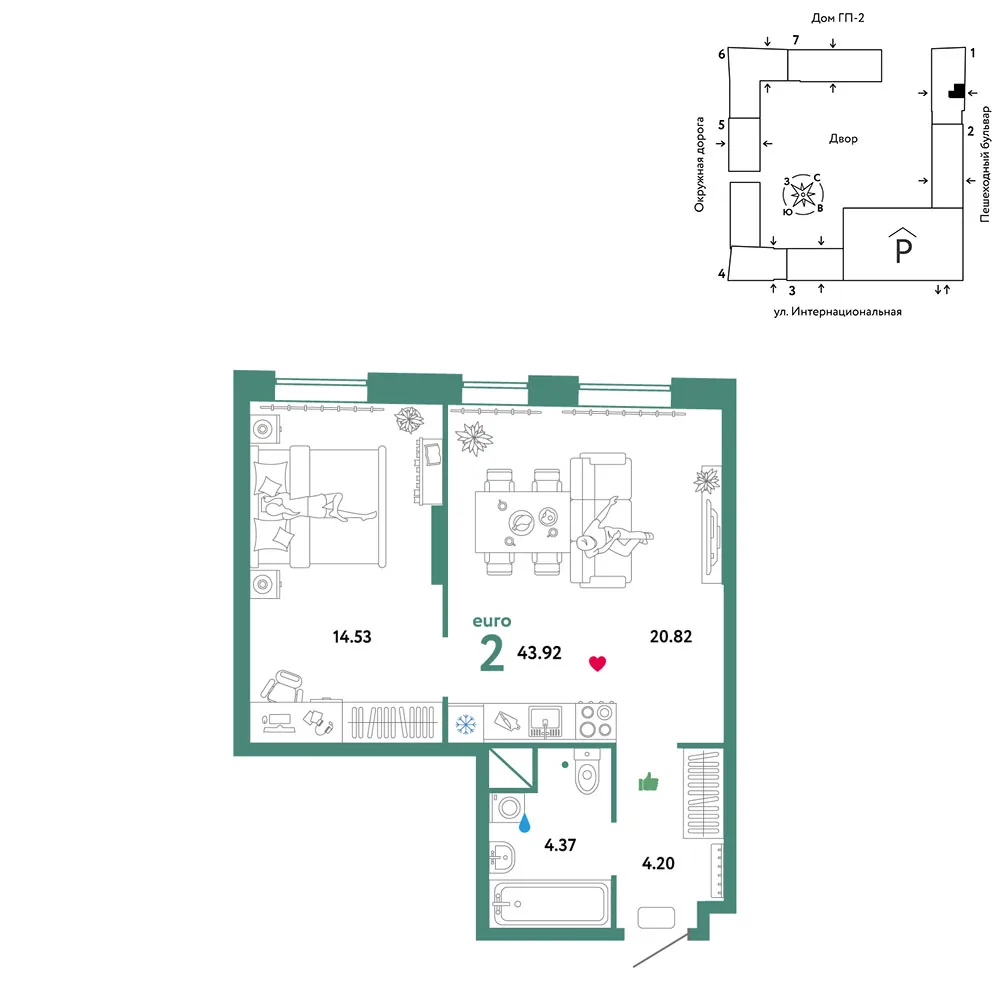 Планировка 2-комн. квартира, 43.92 м² ЖК «Юнион»
