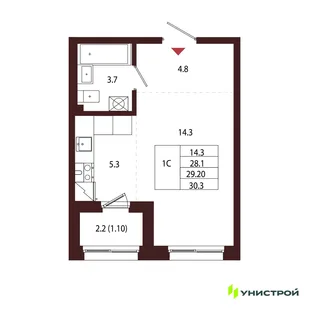 Планировка 1-комн. квартира, 29.2 м² ЖК «Лисино»