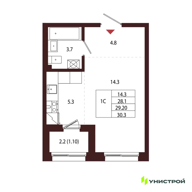 Планировка 1-комн. квартира, 29.2 м² ЖК «Лисино»