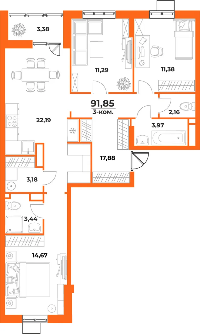 Планировка 3-комн. квартира, 91.85 м² ЖК «Живописный сад» Планировка 3-комн. квартира, 91.85 м² ЖК «Живописный сад»