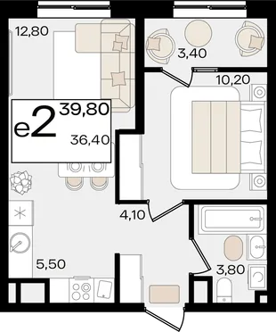 Планировка 2-комн. квартира, 39.8 м² ЖК «Патрики»