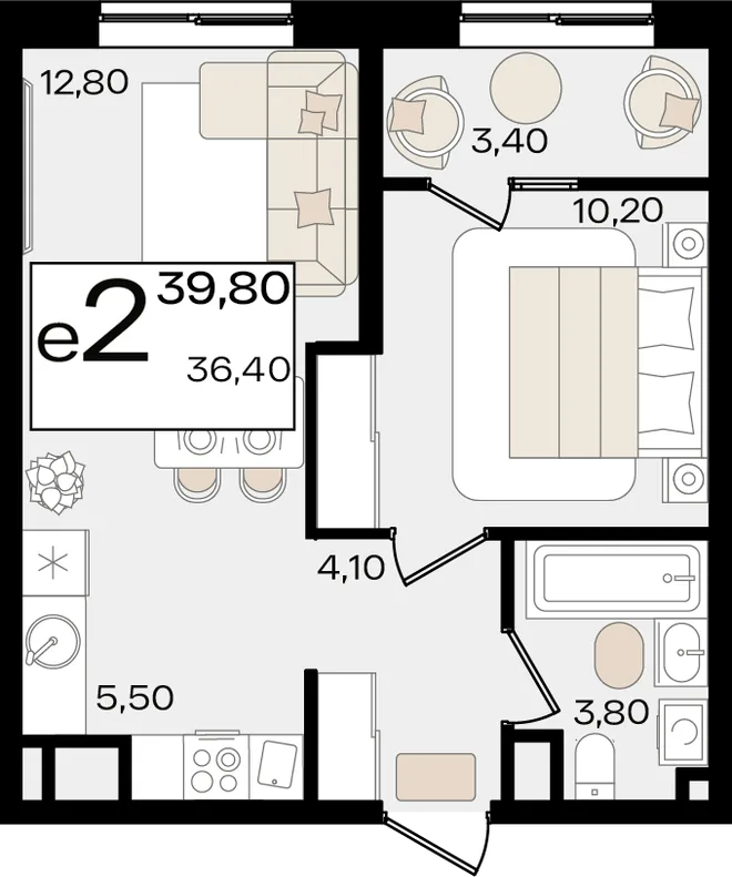 Планировка 2-комн. квартира, 39.8 м² ЖК «Патрики»