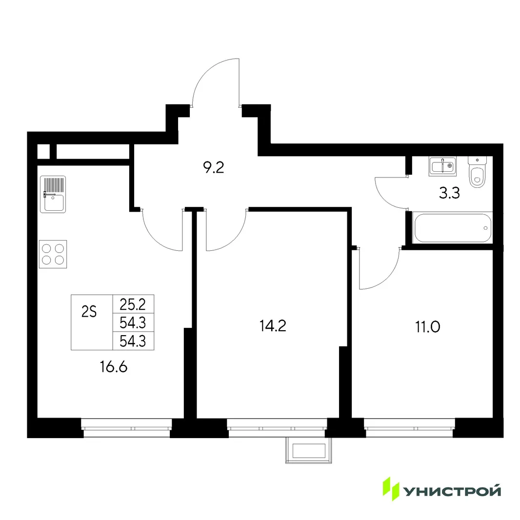 Планировка 2-комн. квартира, 54.3 м² ЖК «Стадиум»