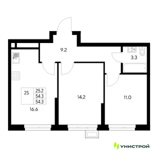 Планировка 2-комн. квартира, 54.3 м² ЖК «Стадиум»
