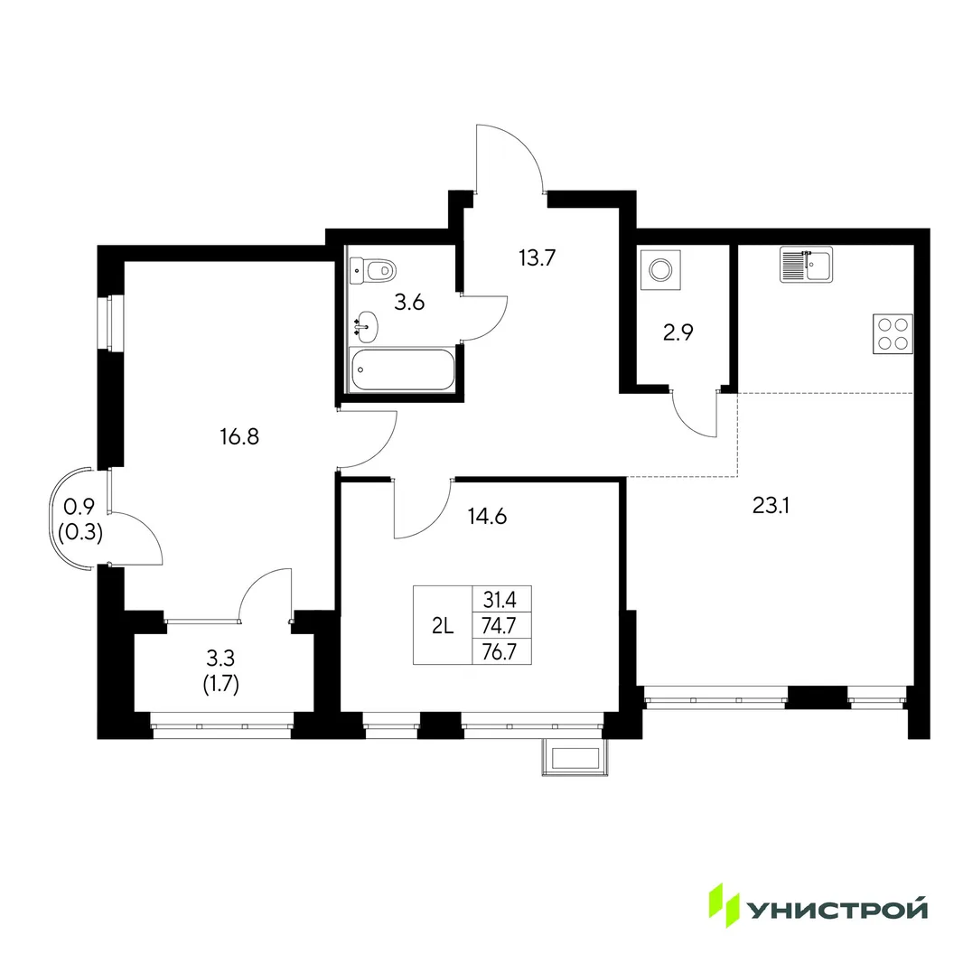 Планировка 2-комн. квартира, 76.7 м² ЖК «Стадиум»