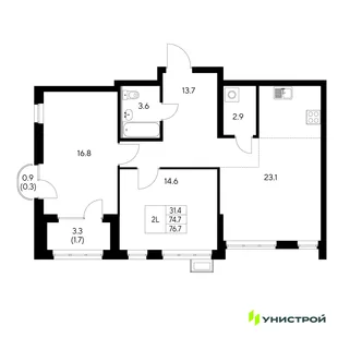 Планировка 2-комн. квартира, 76.7 м² ЖК «Стадиум»