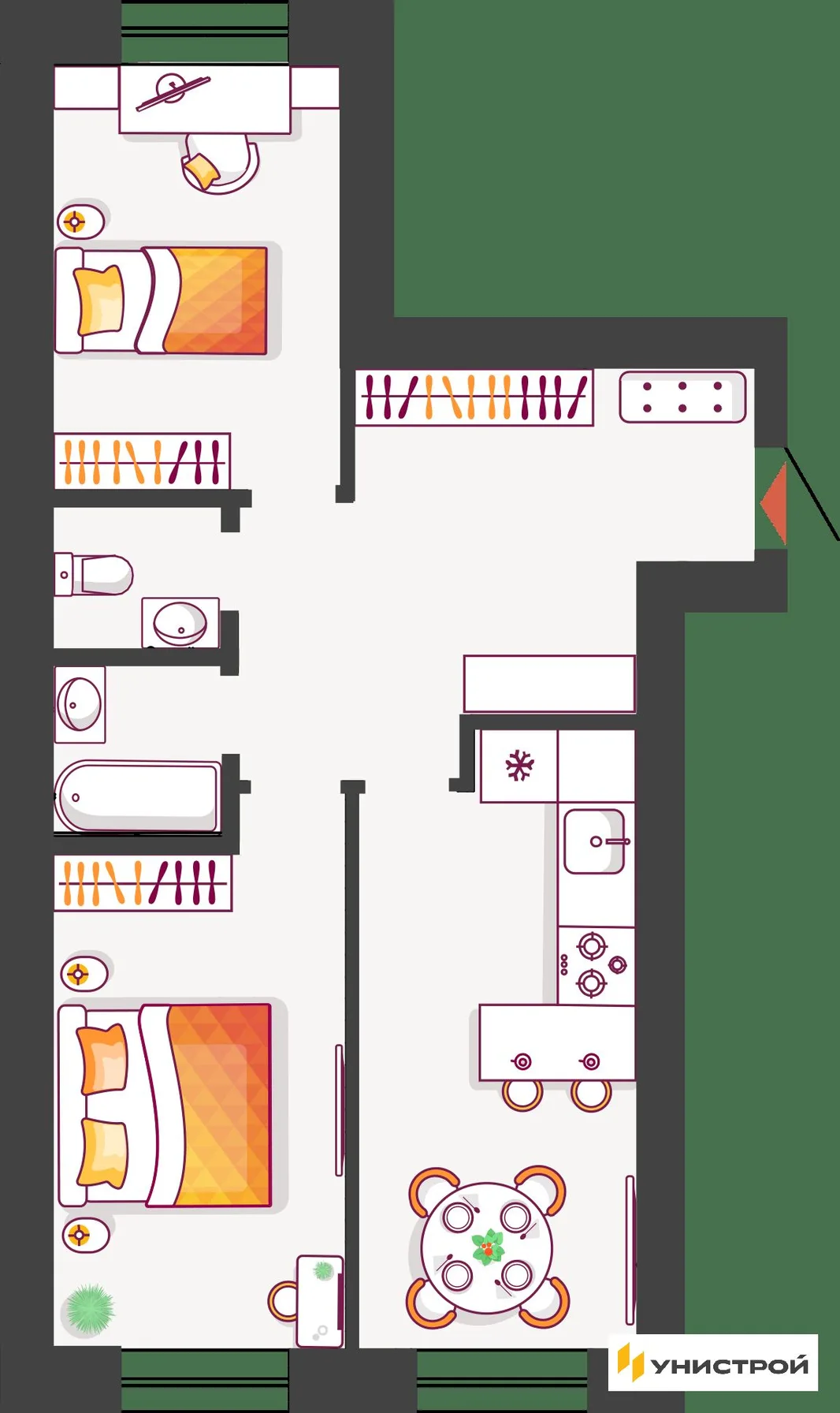 Планировка 2-комн. квартира, 62.05 м² ЖК «Южный бульвар 2»