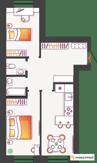 Планировка 2-комн. квартира, 62.05 м² ЖК «Южный бульвар 2»
