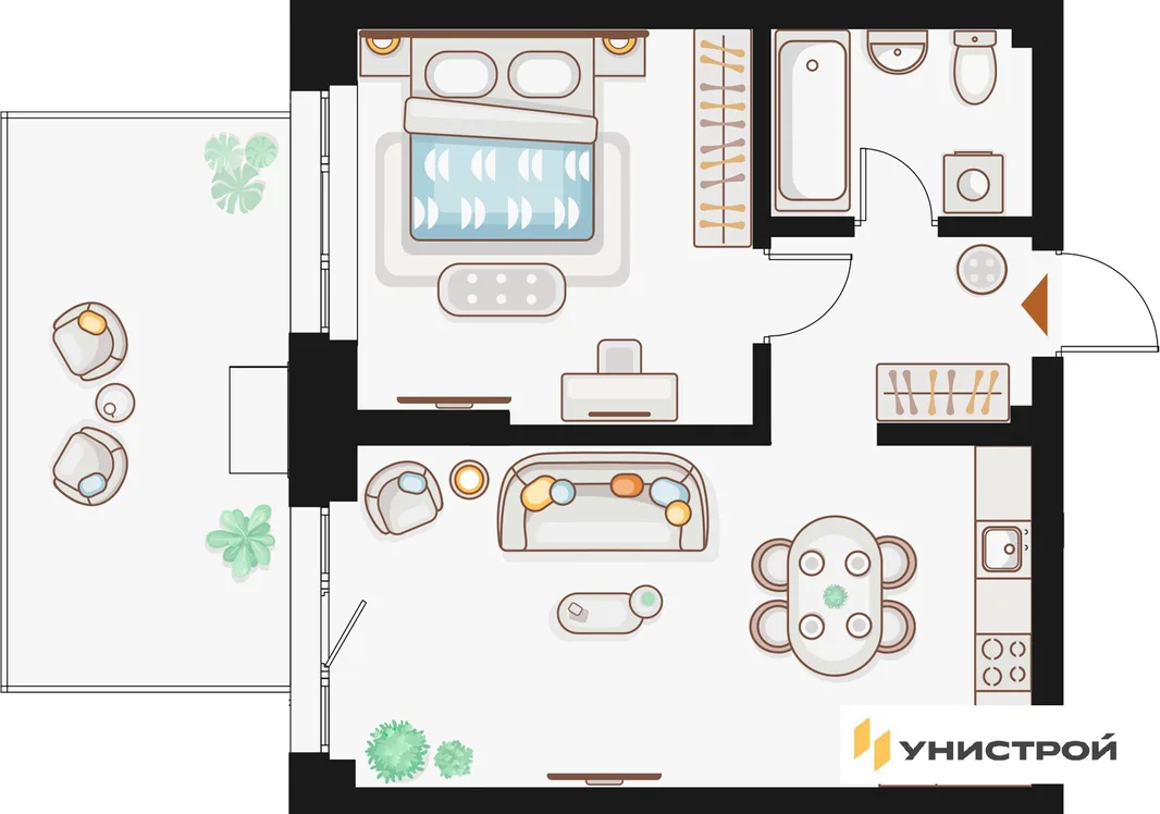 Планировка 1-комн. квартира, 47.71 м² ЖК «Жилой кластер Q на Кулагина»