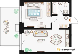 Планировка 1-комн. квартира, 47.71 м² ЖК «Жилой кластер Q на Кулагина»