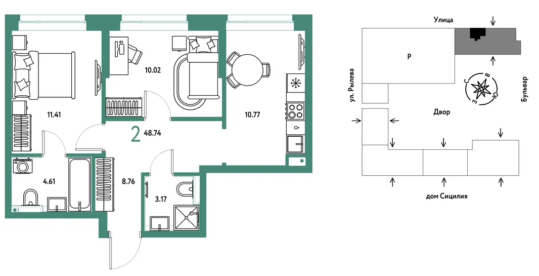 Планировка 2-комн. квартира, 48.74 м² ЖК «Остров-сад»